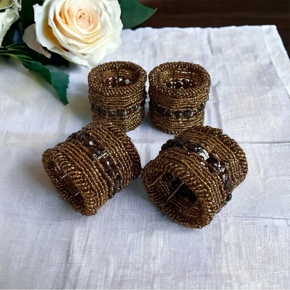Vintage Set of 4 Copper Handmade Micro Beaded Napkin Rings Moroccan Napkin Rings - Picture 3 of 9